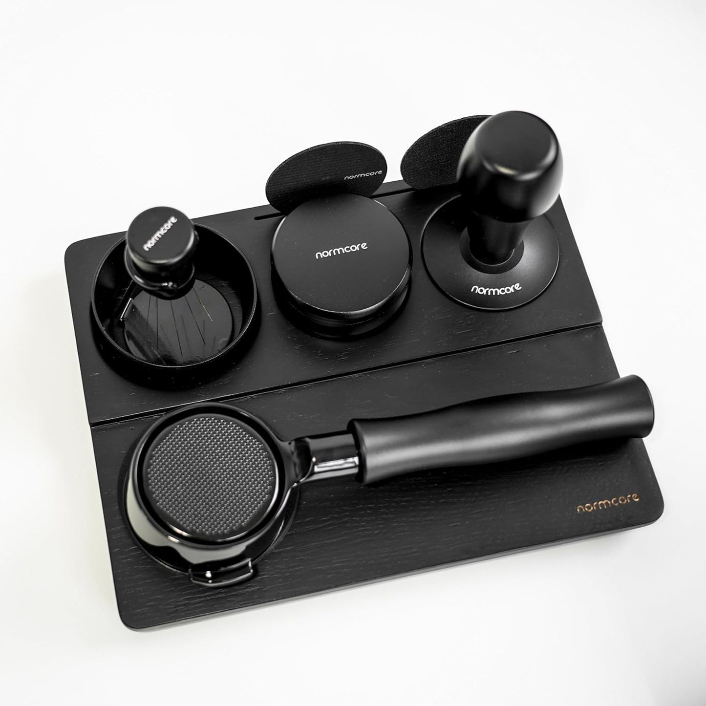 Normcore Tamping Station - Black Oak Wood Espresso Tamping Mat - Wooden Tamping Mat for 51/54/58mm Portafilter, Tamper, Distributor, Puck Screen and Portafilter - Natural Black Stained Oak Wood