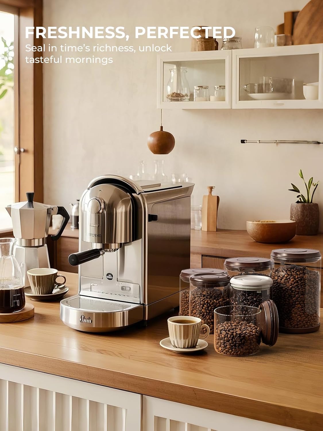 7 oz Coffee Canister, Clear Glass Jar with Airtight Pop Lid and CO₂ Valve | Small-Batch Storage for Daily Beans, Decaf, Espresso Blends and Specialty Roasts, Designed for Counters, Offices and Kitchens