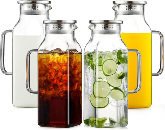 Netany 4 Pack 2 Liters/68 oz Square Glass Pitcher with Lid and Handle for Fridge, Iced Tea and Coffee Carafe Beverage
