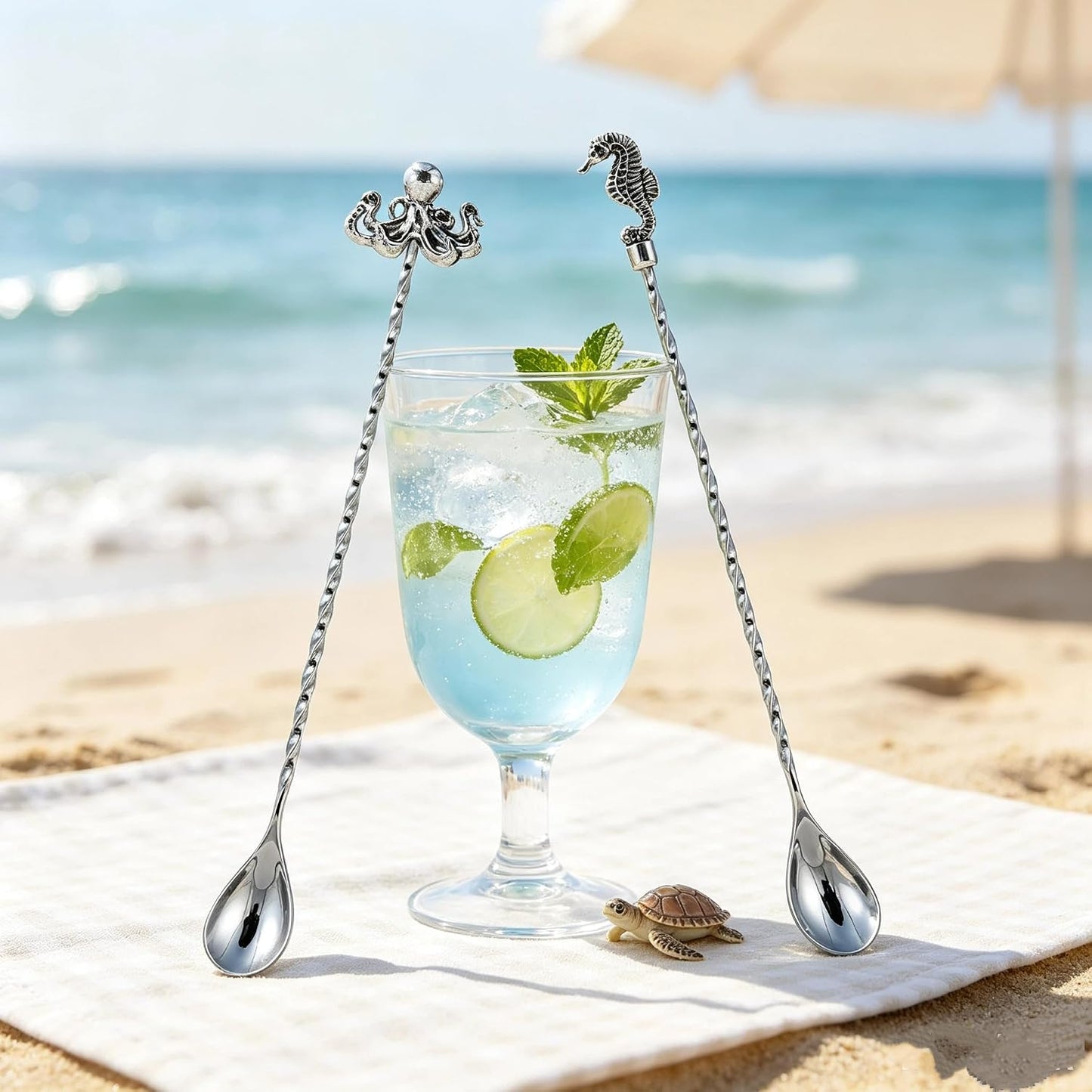 Homestia 12'' Bar Spoon, 2 Pcs Cocktail Spoon with Octopus Seahorse Decor | Dirty Soda Bar Supplies, Stainless Steel Coffee Bar Use, Mixing &amp; Layering Drink Stirrer, Long Spoon for Bartending Stirring