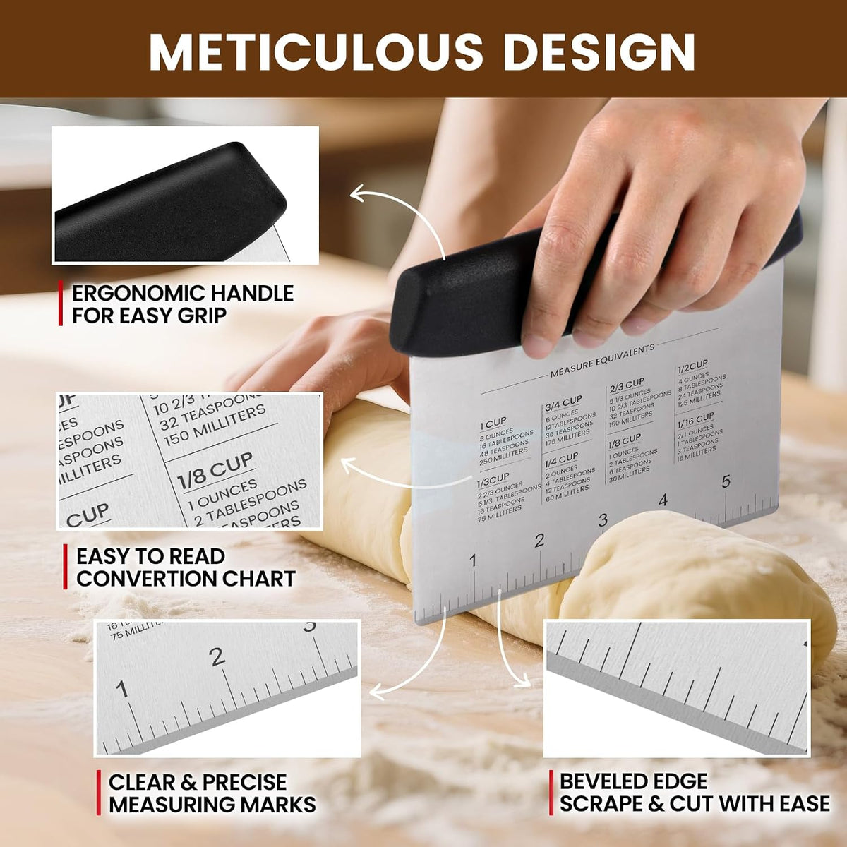 SCHVUBENR Dough Scraper Set with 2 Flexible Bowl Scrapers - Stainless Steel Dough Cutter & Bench Scraper with Measuring Scale