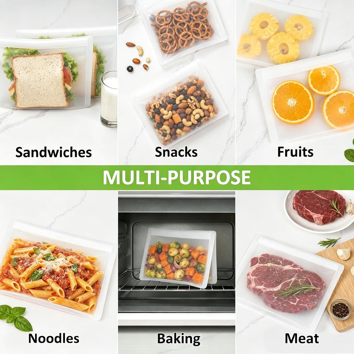 Reusable Sandwich Bags & Snack Bags Set, 8 Pack, 100% Silicone Reusable Storage Bag, Soft Shell Ziplock Silicone Food Storage Containers, Freezer Microwave Oven Dishwasher Safe, Translucent