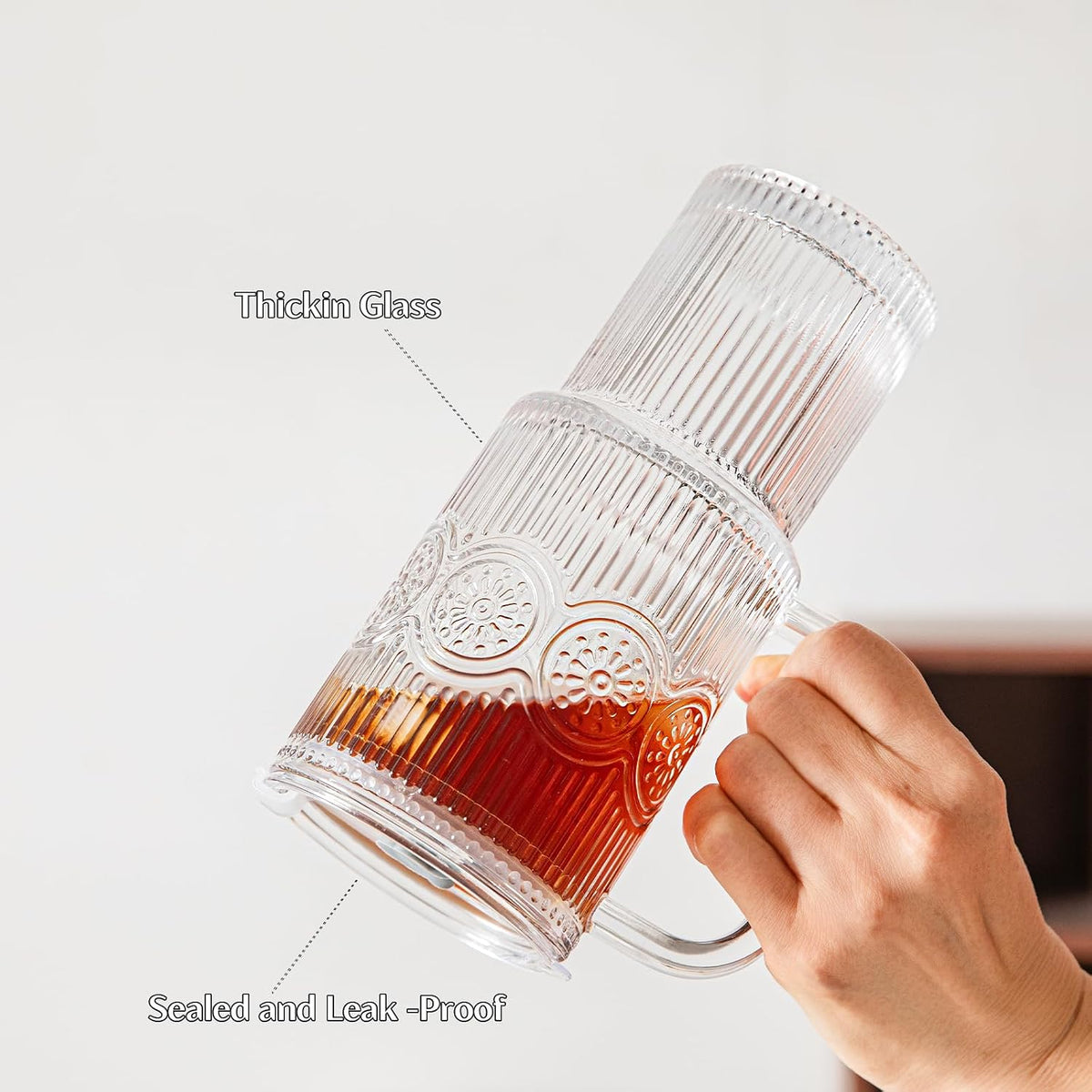 INSETLAN 24 oz Ribbed &amp; Floral Glass Tumblers with Handle, Set of 2 Cups | Iced Coffee Cups with Lids and Straws, Reusable Glass Mugs for Water, Smoothie, Tea, and Juice – Ideal for Daily Use &amp; Travel