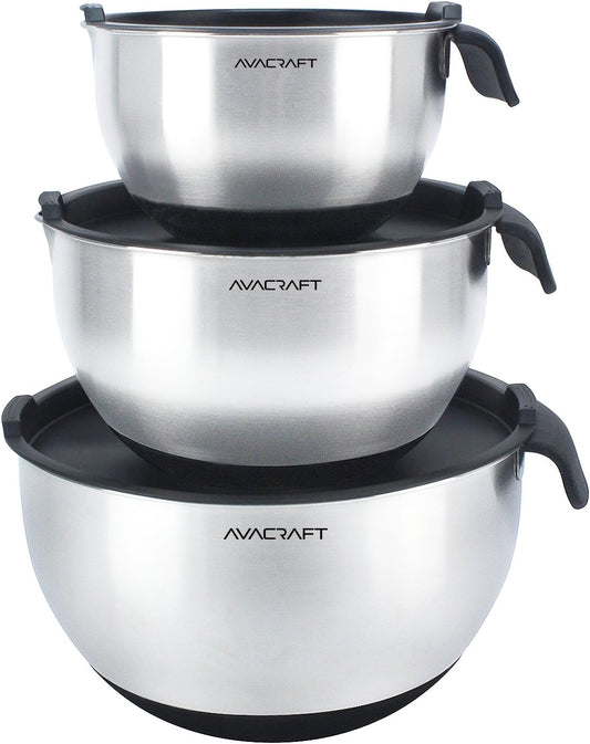AVACRAFT 18/10 Stainless Steel Mixing Bowls with Lids, non slip silicone base bowls with Handle, Mixing Bowl Set with Pour