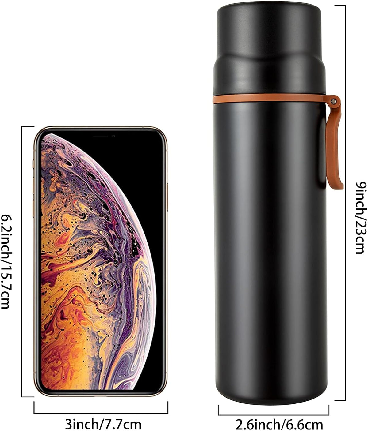 Insulated Water Bottle-Stainless Steel Vacuum Coffee Cup with Handle,Flask Double Walled Sport Travel Mug with Leakproof Lid,Keep Hot &amp; Cold 12 Hours BPA Free 15oz(Black)