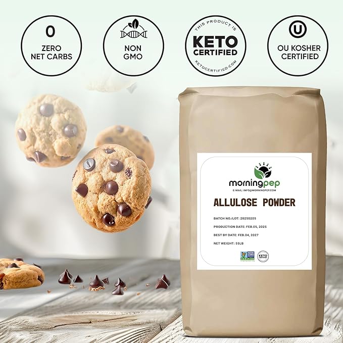 Morning Pep Allulose Sweetener 55 lb – Zero Calorie Sugar Alternative, 100% Pure, No Erythritol, Non-GMO Project Verified, Keto Certified, OU Kosher, No Fillers, Ideal for Baking and Beverages, BULK Bag