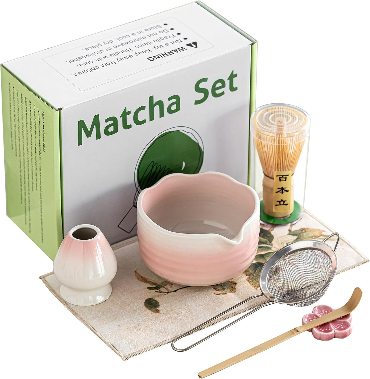 Matcha Whisk Set Ceramic Matcha Set Includes Bowl,Spout Bamboo Chasen Whisk with Ceramic Holder, Matcha Scoop and Stainless Sifter, Matcha Kit Valentine's Day Gifts for Women(7Pcs,Pink)