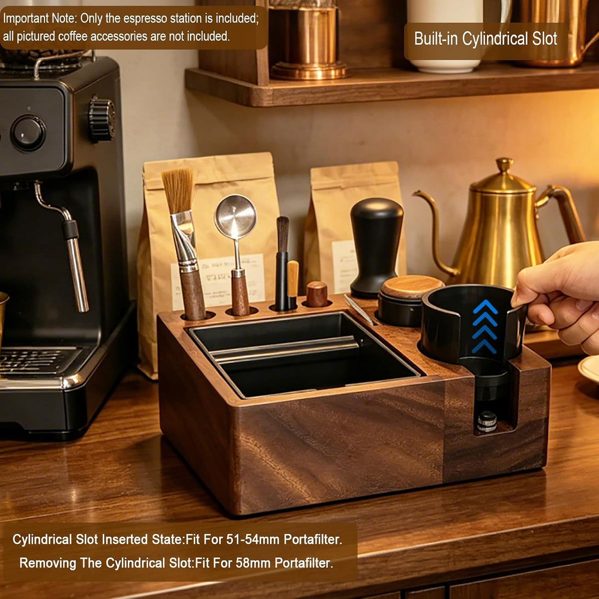 Espresso tamping station and knock box,Wooden portafilter holder,Espresso organizer station box,Tamping station fit for storage 51/54/58mm coffee accessories,Multifunctional tamper station