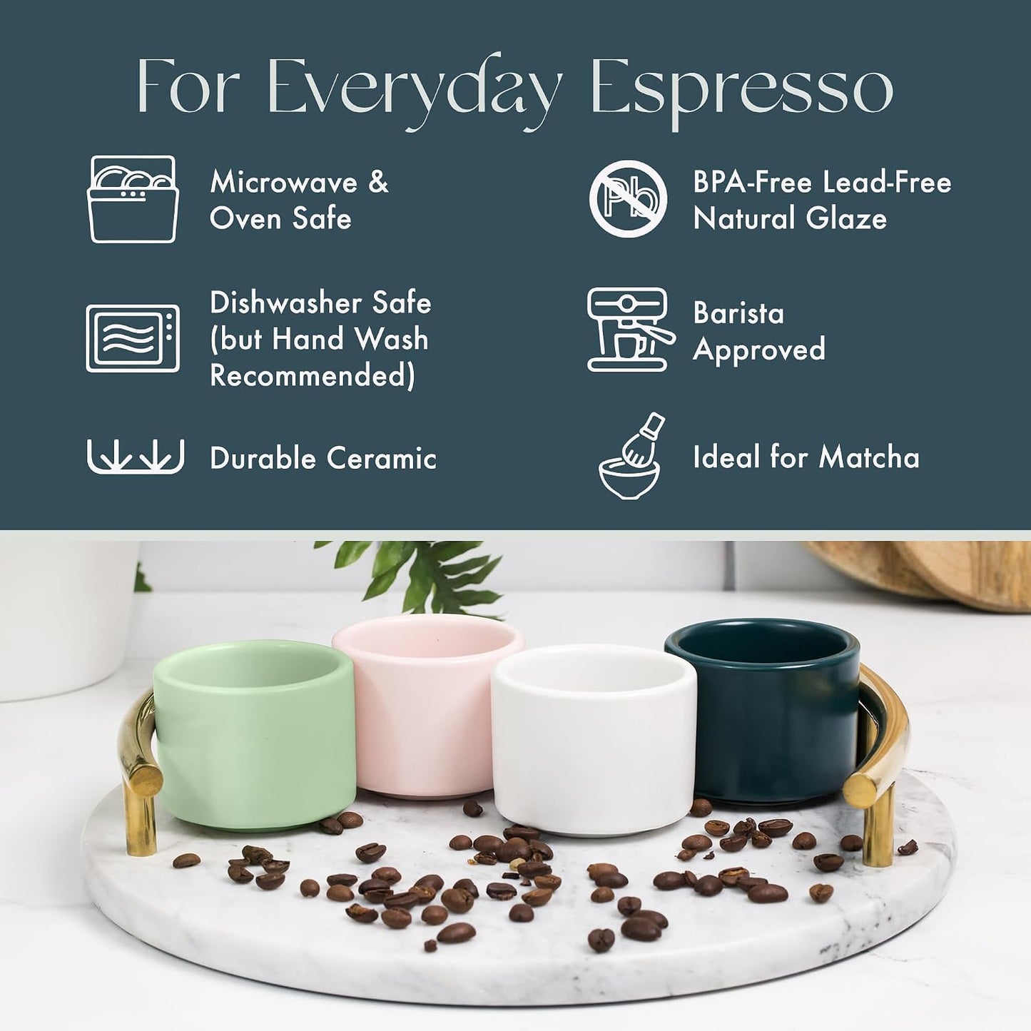 Folk Ceramics Leonard Ceramic Espresso Cups, Misty Green, 3oz, Set of 2 | Modern Stackable Demitasse Mugs, Double Walled, Handleless, Dishwasher &amp; Microwave Safe