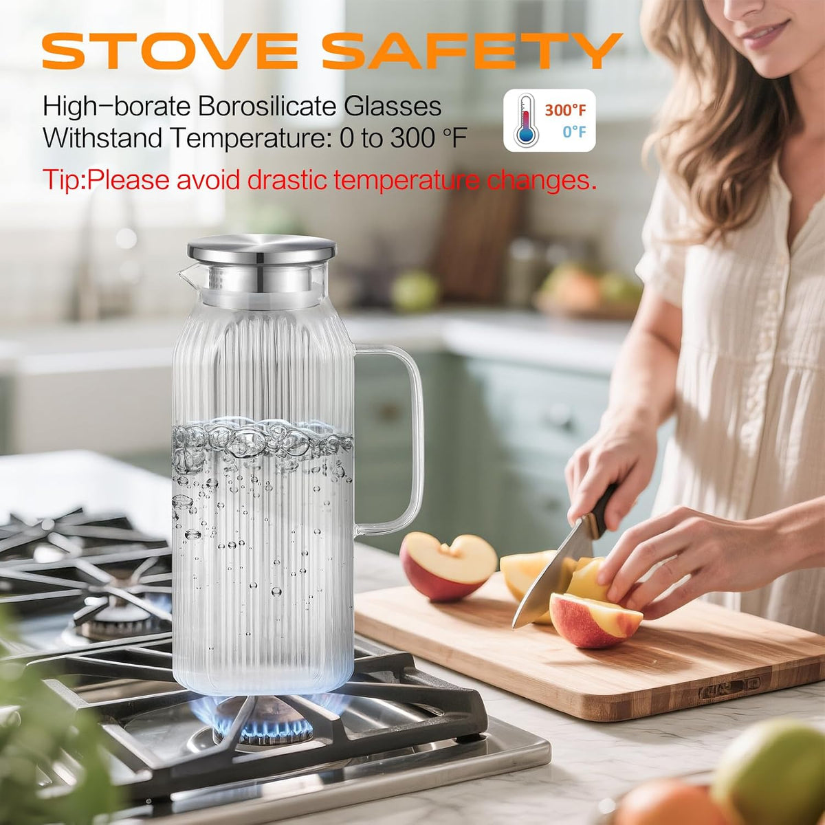 Aofmee 68oz Glass Pitcher with Lid and Handle for Fridge, Clear Striped | Iced Tea Pitcher for Fridge, Borosilicate Glass Carafe, Sun Tea Jar, Dual Pour Stainless Lid, Dishwasher Safe