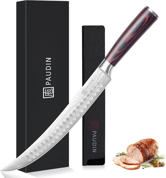 PAUDIN Carving Knife, 10 Inch Butcher Knife, Forged High Carbon German Stainless Steel, Razor Sharp Curved Brisket Slicing