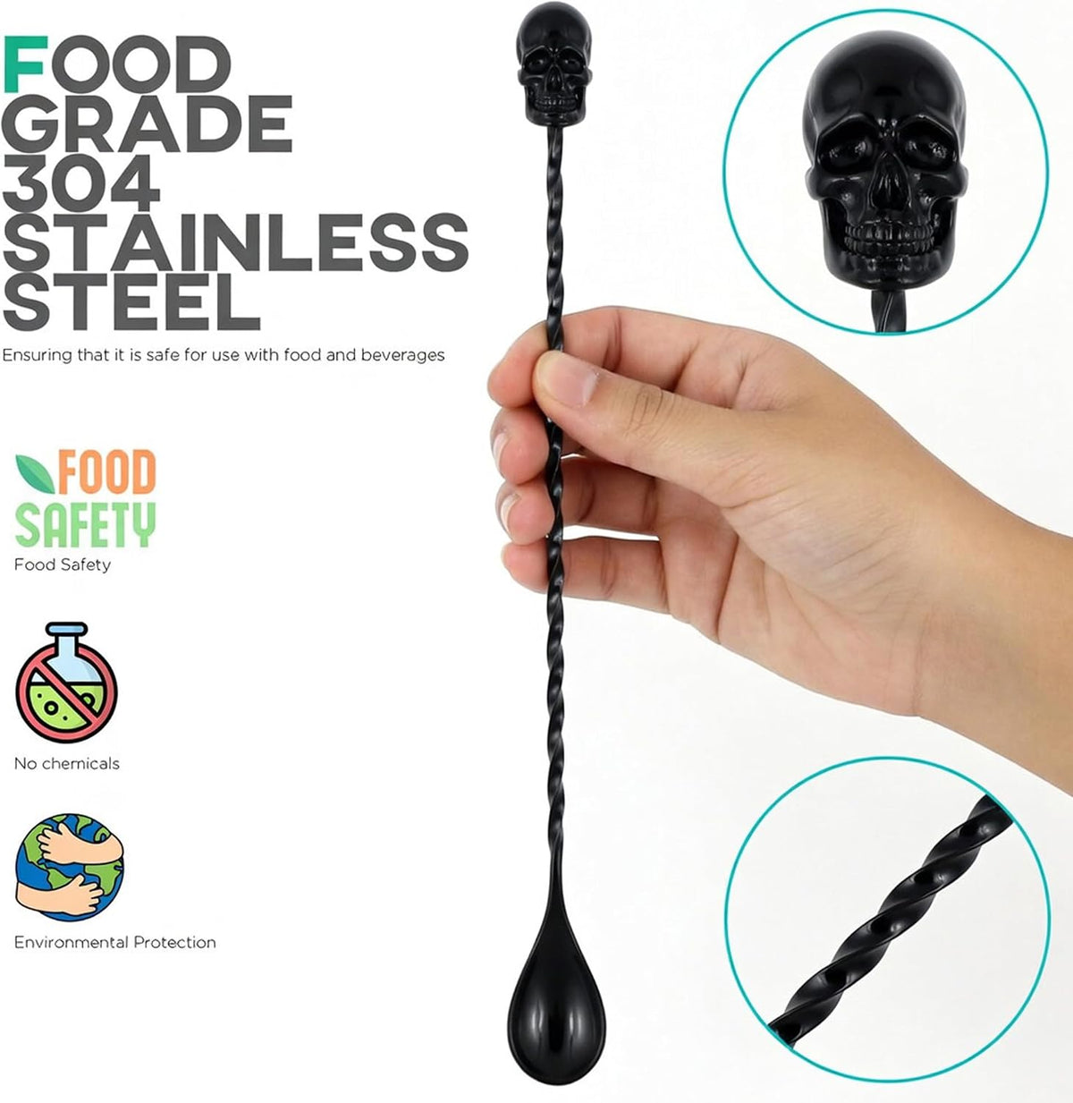 Homestia 12'' Gothic Skull Bar Spoon, Cocktail Mixing Spoon for Bartending | 304 Stainless Steel Cocktail Spoon for Stirring, Long Spiral Handle Spoon Stirrers for Drink, Halloween Party, Home Bar Use