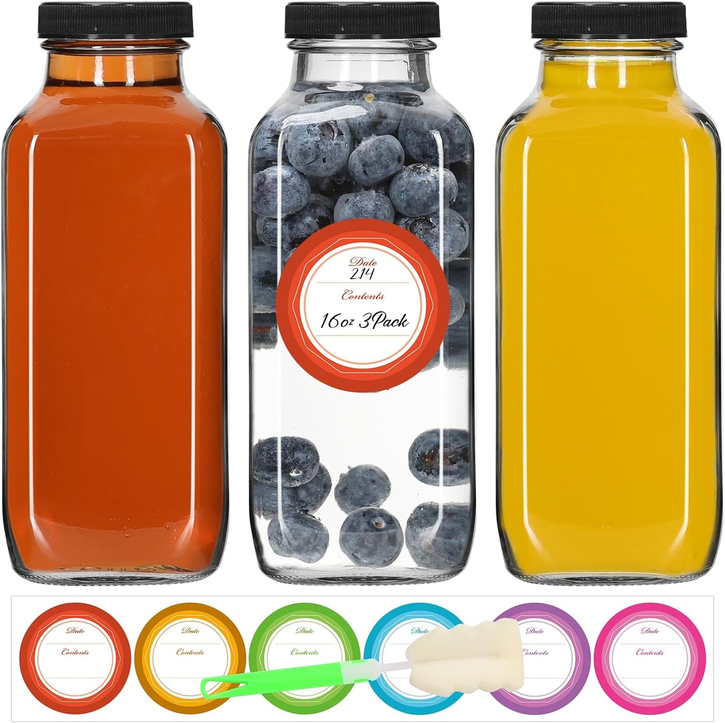 STARSIDE 16 oz Glass Juice Bottles with Lids 3 Pack - Square Reusable Drinking Jars for Juicing, Mil