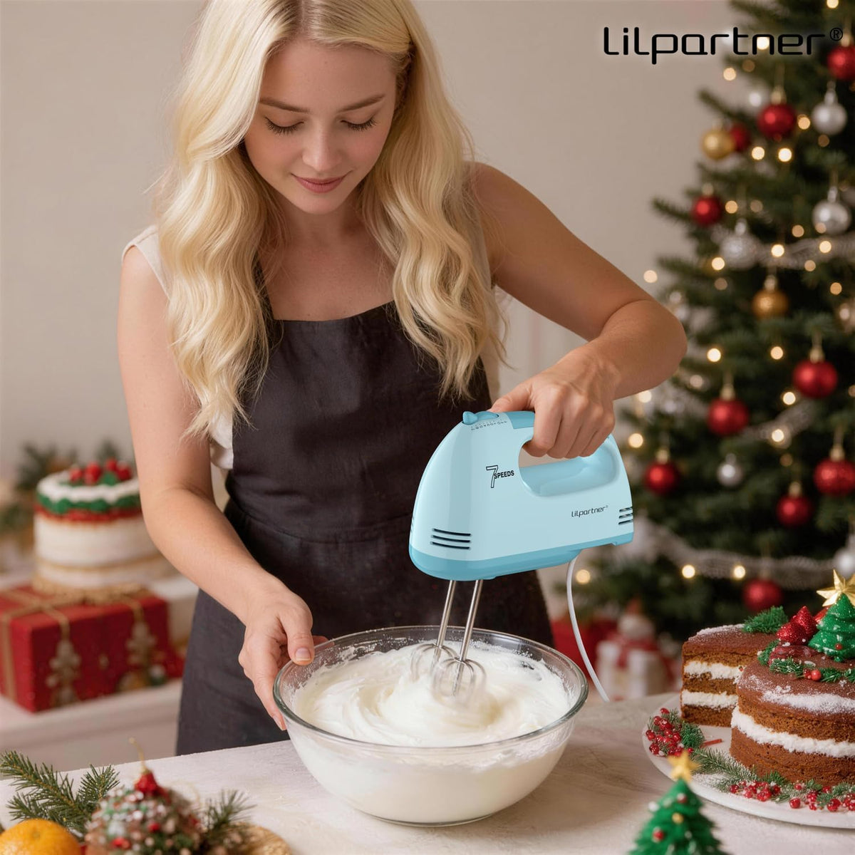 LILPARTNER Hand Mixer Electric, Ultra Power Kitchen Hand Mixer With 7-Speed &amp; 5 Stainless Steel Accessories for Whipping Dough, Cream, Cake, Dishwasher Safe, Light Blue