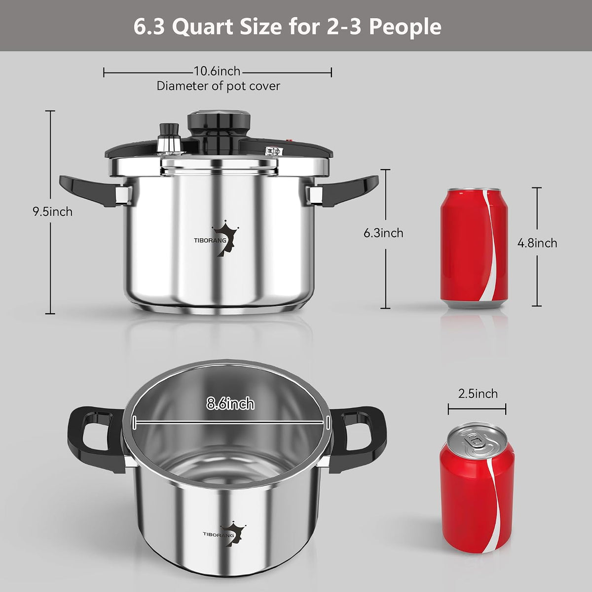 TIBORANG 6.3 QT Stainless Steel Pressure Cooker, [Multi-Cooker for Gas & Induction Stove] [Saves 70% Cooking Time] [One-Hand Operation], Family Size for 2-3 People, Olla de Presion
