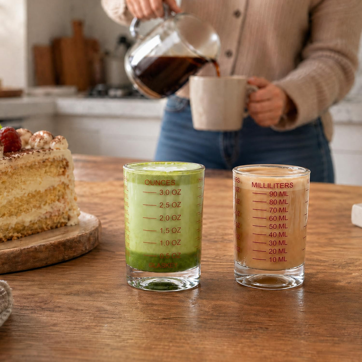 GLASKEY 2 Pack Shot Glass Measuring Cup Set,3 oz/90ml Liquid Heavy High Espresso Glass Cup,Dishwasher Safe,Measurement of Dry and Liquid Ingredients(Red)