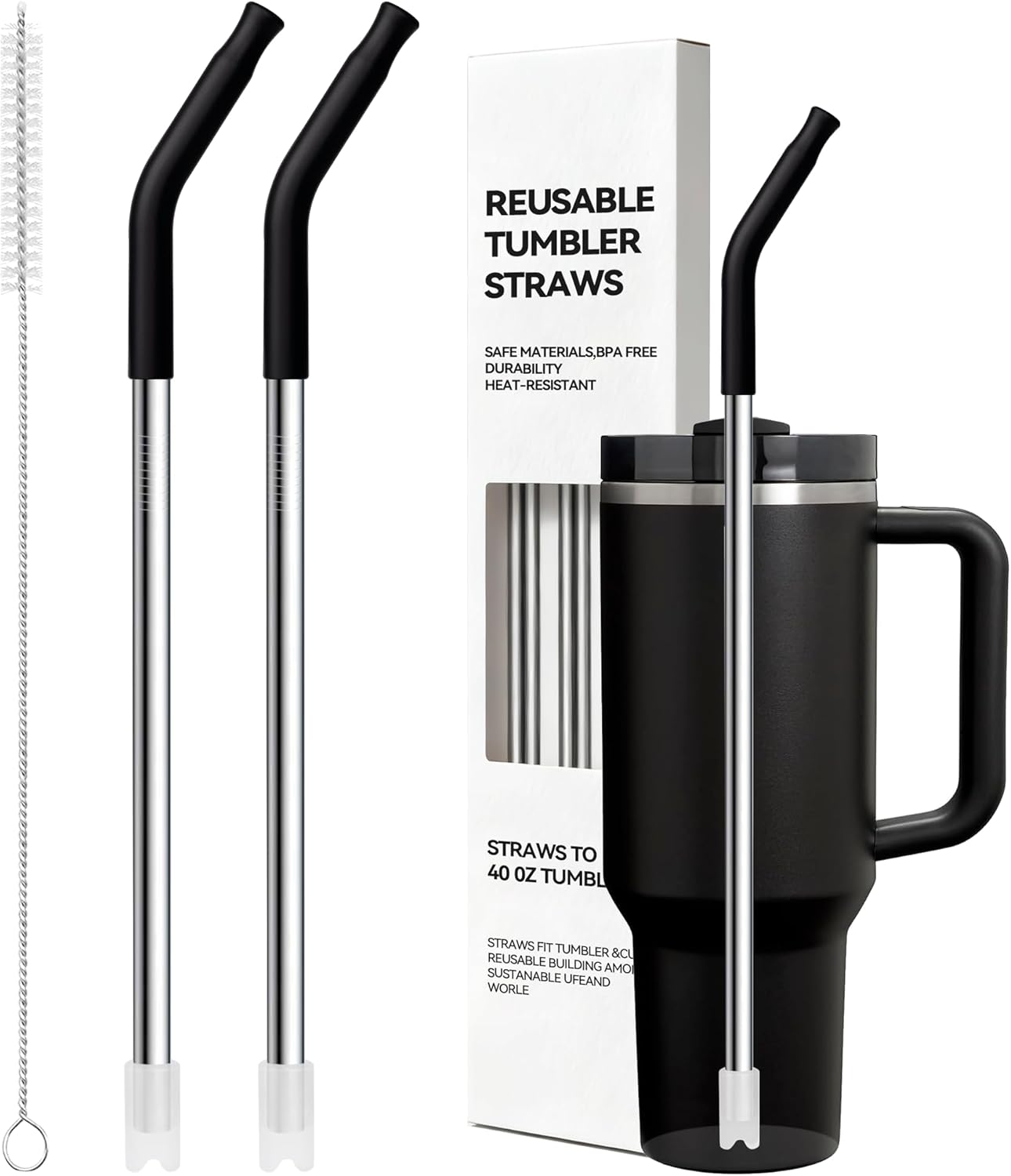 Snowfall Metal Straws With Silicone Tip for Stanley Quencher 40 oz Tumblers, 12.2'' Long Stainless Steel Straws with Clean Brush, Reusable Straw Replacement For Stanley Cups, Dishwasher Safe(Black)