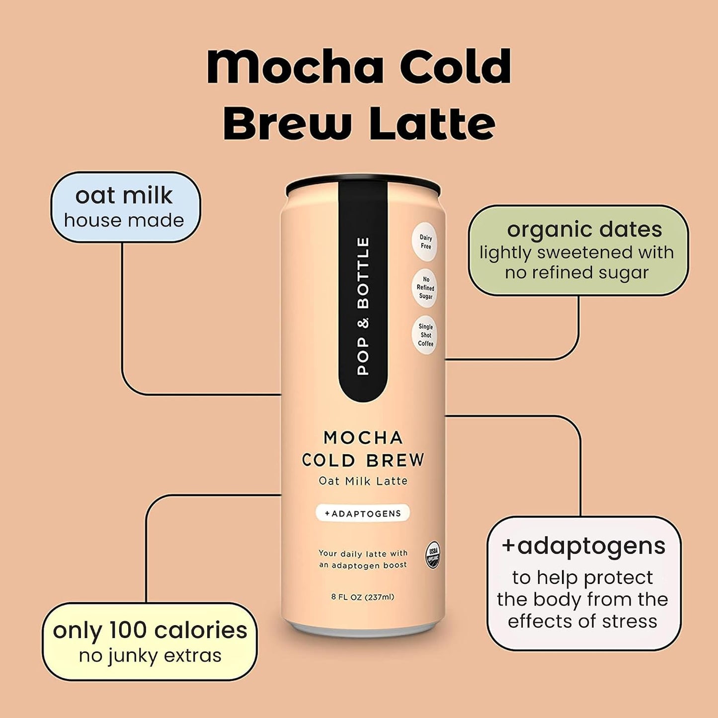Pop &amp; Bottle - Oat Milk Lattes with Maca - Mocha, 8 Fl Oz (12 Pack) | Cold Brew with Adaptogens, Ashwagandha, Organic, Dairy Free, Gluten Free, Great as Iced Coffee, Lightly Sweetened with Dates