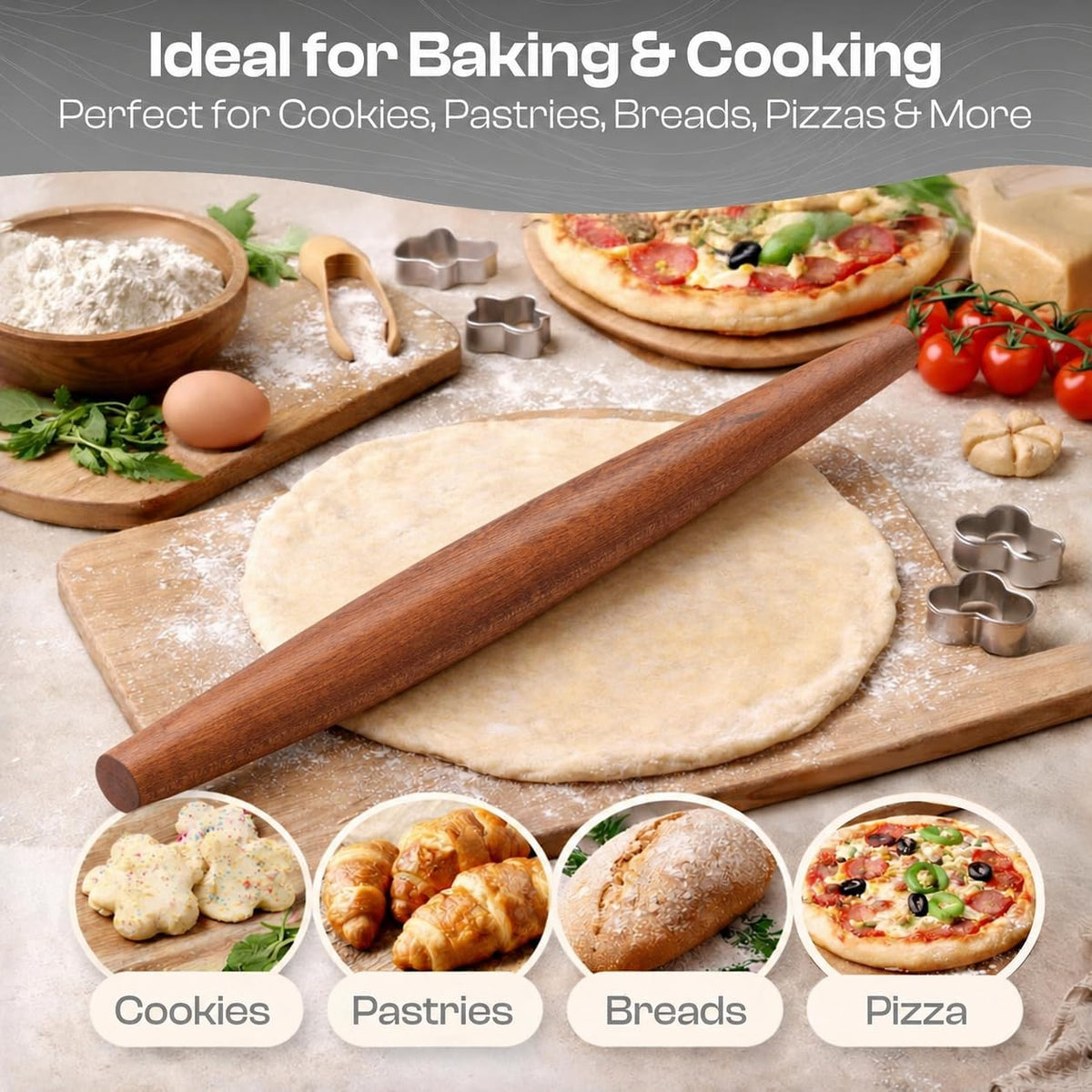 French Rolling Pin 17 Inch-Smooth Tapered Wood Roller To Roll Dough Easily