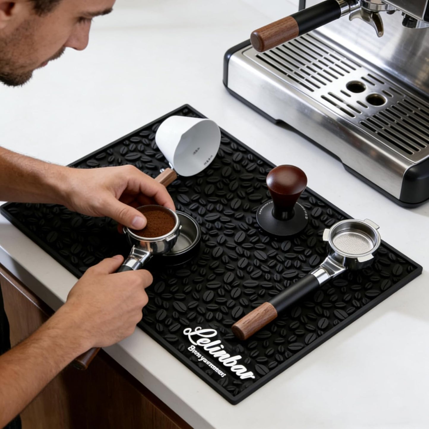 Coffee Bar Mats for Countertop, Bar Decor Accessories, Coffee Machine Tray for Countertop, Non-slip Dish Drying Mat, Rubber Barista Tools Pad, Espresso Organizer (Black, 18"x12")