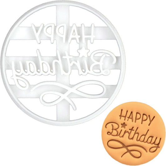 BAKERLOGY Happy Birthday Cookie Cutter - Round Biscuit Embosser for Celebration Baking, Detailed Fondant Stamp for Cakes,