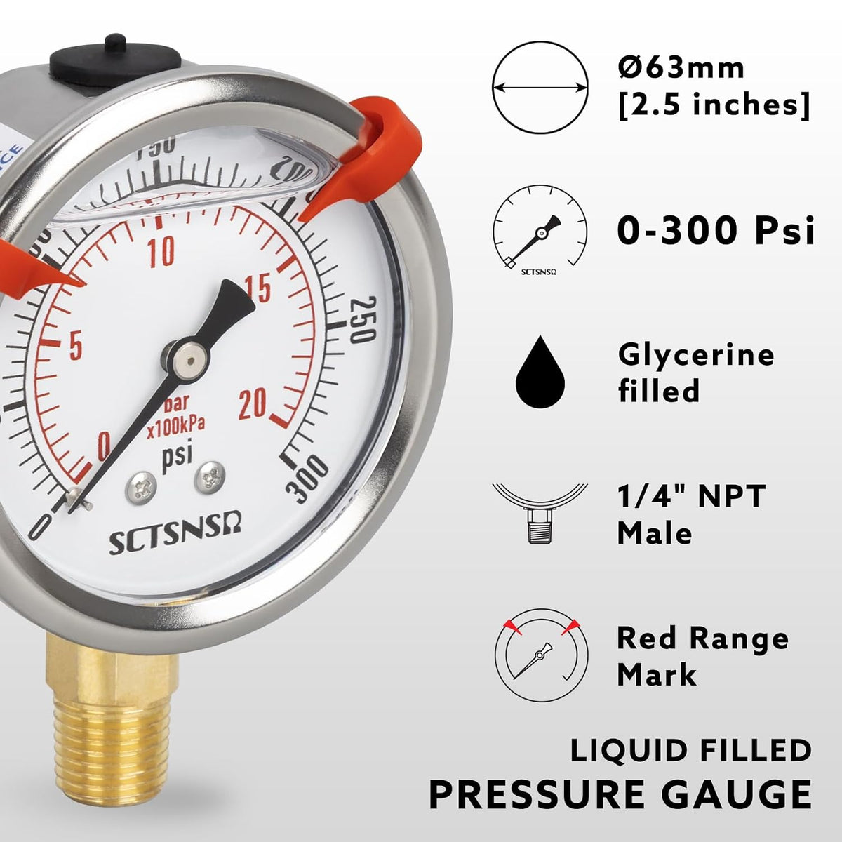 0 to 300 Psi Pressure Gauge, Liquid Filled, 1/4" NPT Lower Mount