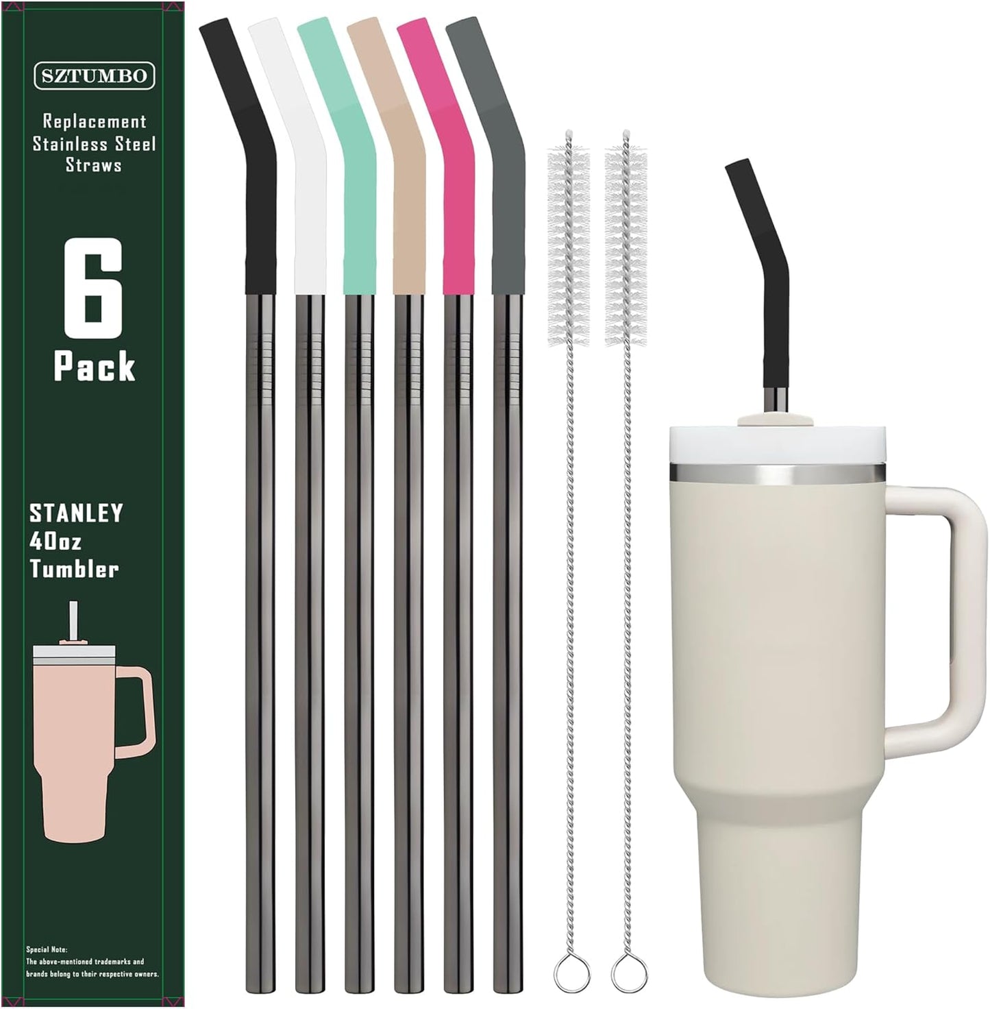 6 PCS Metal Stainless Steel Reusable Straight Straw,with 6Silicone Tips and 2Cleaning Brush,for 40oz