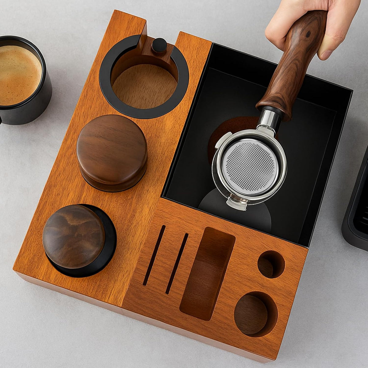 Espresso Tamping Station Knock Box - 9 in1 Espresso Knock Box And Tamp Station Coffee Organizer Fit for 51mm 53mm 54mm 58mm Espresso Tamper Distributor Portafilter Puck Screen Accessories Storage