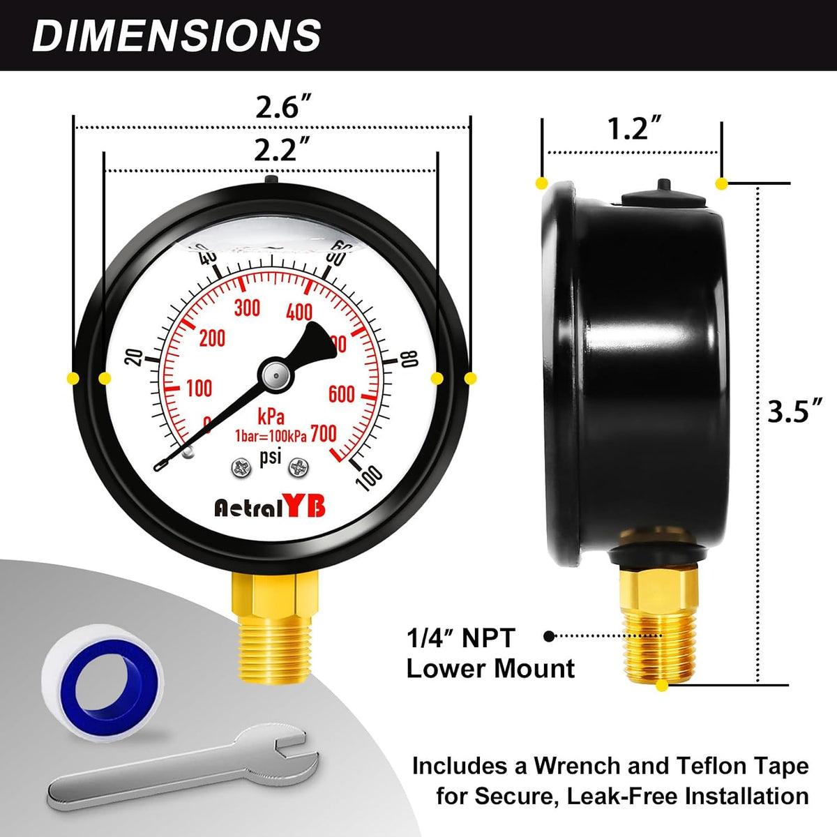 100Psi 2.5Inch Lower Mount Water Pressure Gauge 1/4 NPT | Glycerin Filled, Stainless Steel Case, for Home Water Pressure Testing, Well Tank, Pump, Pool Filter Monitoring