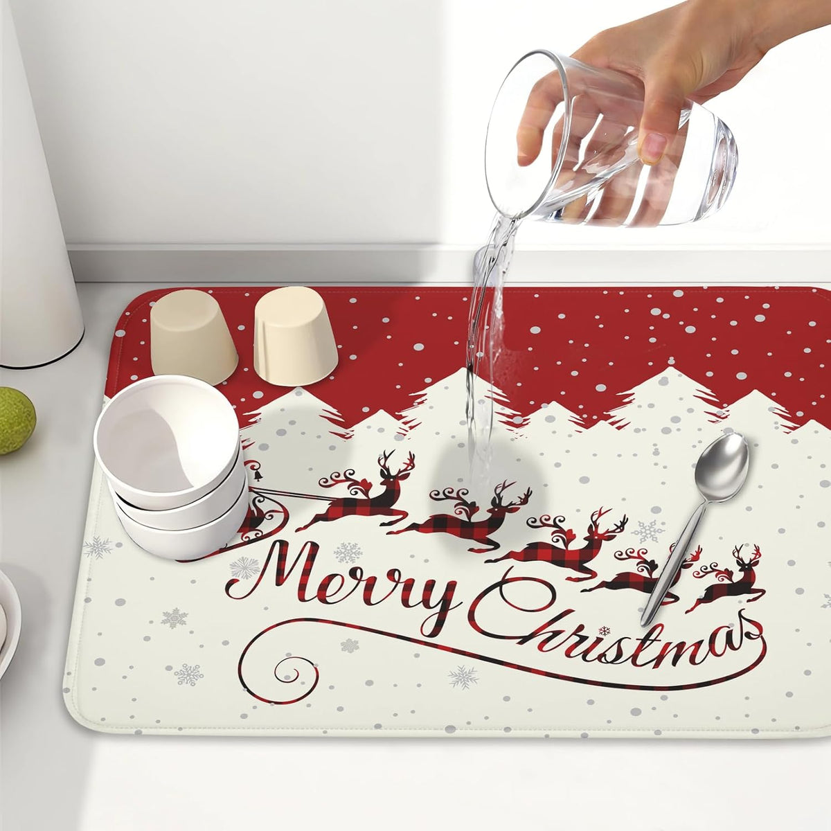 Christmas Moose Dish Drying Mat 18x24 for Winter Santa Claus Kitchen Counter Decor Absorbent Reversible Microfiber Deers Animal Dishes Pad Dish Drainer Rack Mats Kitchen Accessories
