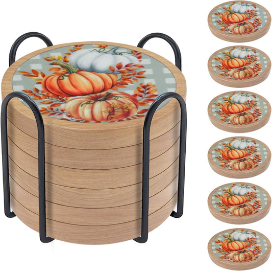 Fall Coasters Set of 6, Pumpkins Coaster, Minacun Absorbent Coasters with Holder Halloween Thanksgiving Themed Party