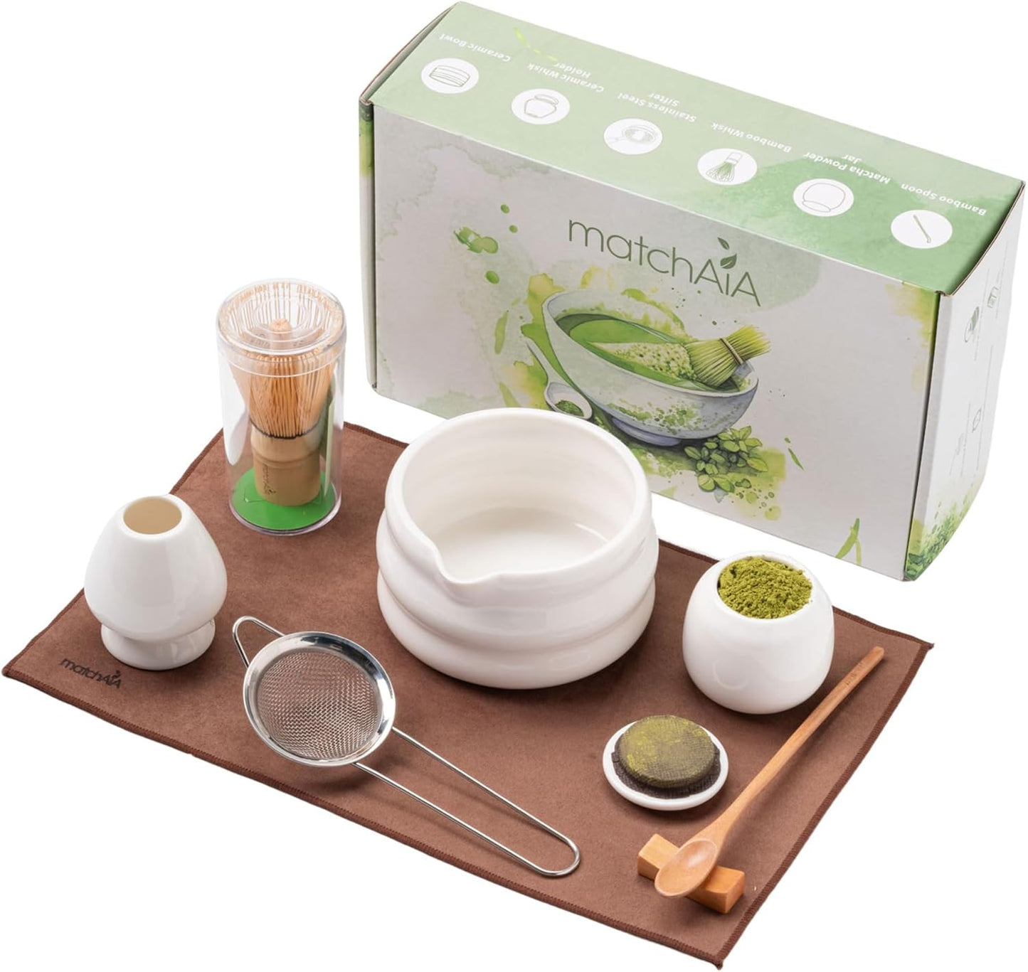 Matcha Whisk 8 Pcs Set - Ceramic Bowl, Bamboo Whisk with Holder, Canister, Sifter, Schima Spoon, Spo
