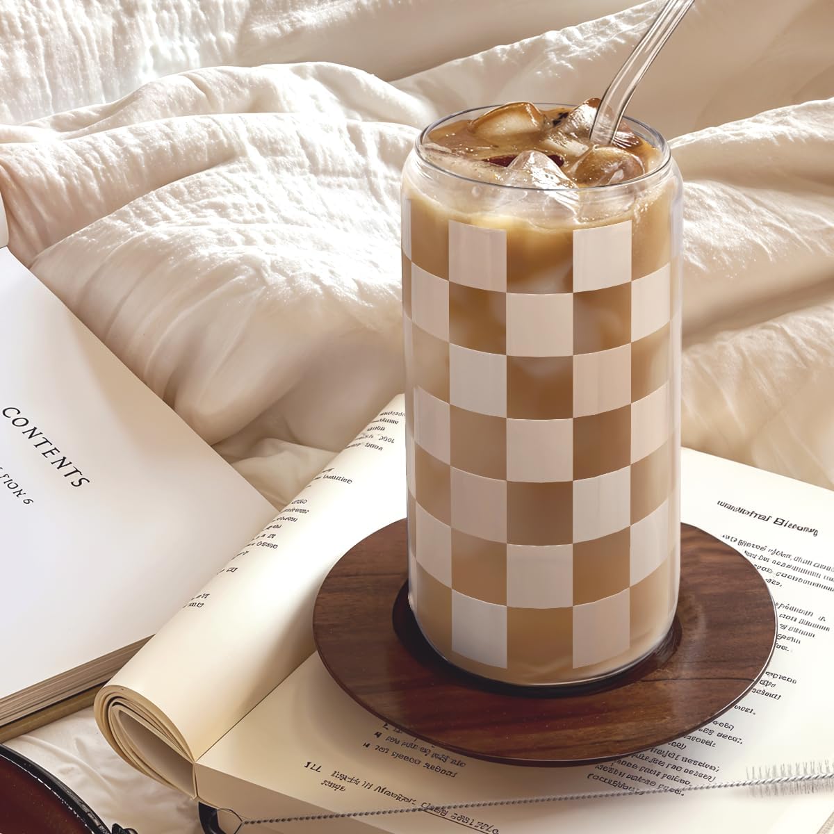 SANDJEST Checkerboard Glass Can, Beige Checker Cup with Lid &amp; Straw, Iced Coffee Aesthetic Cups, Gift for Christmas Birthday Mother Day, Gifts for Women, 16oz
