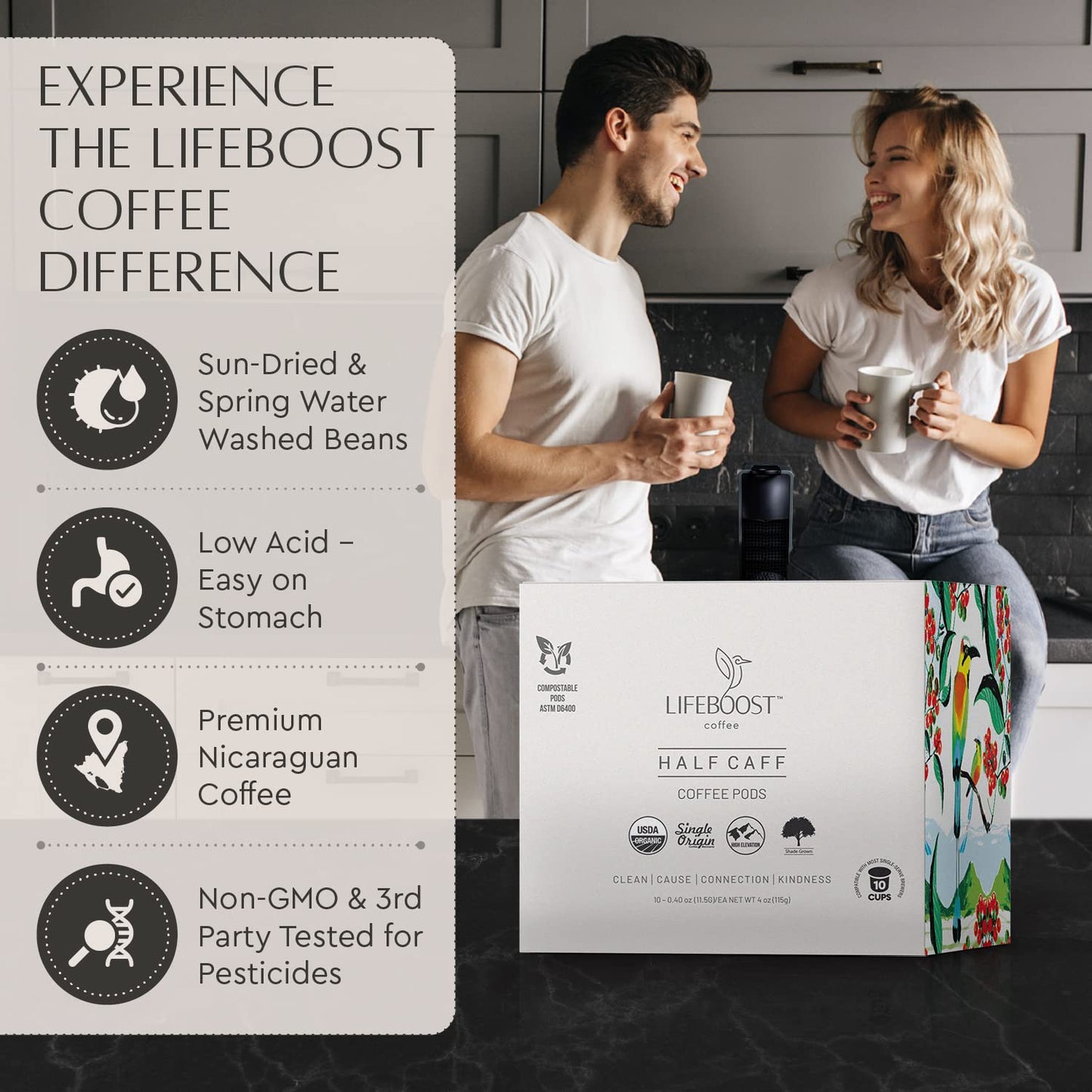 Lifeboost Half Caff Coffee K Cups - Low Acid Half Caff Coffee Pods - Non-GMO Mold Free Pods Compatible with Keurig &amp; Keurig 2 - Third Party Tested for Mycotoxins and Pesticides - 10 Count