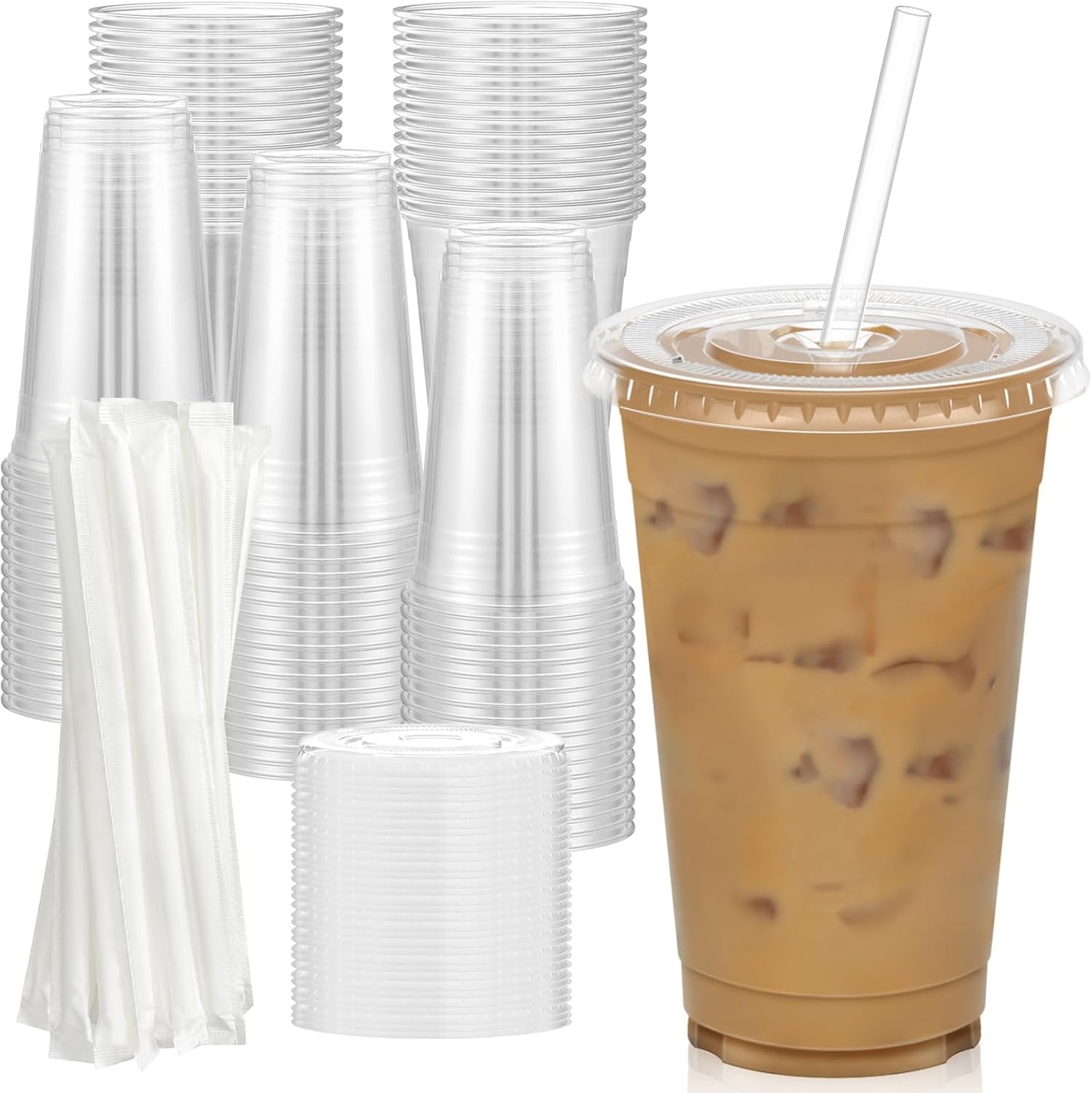 100 Pack - 20 oz Clear Plastic Cups with Lids and Straws, Sturdy & Food Safe Iced Coffee Cups with l