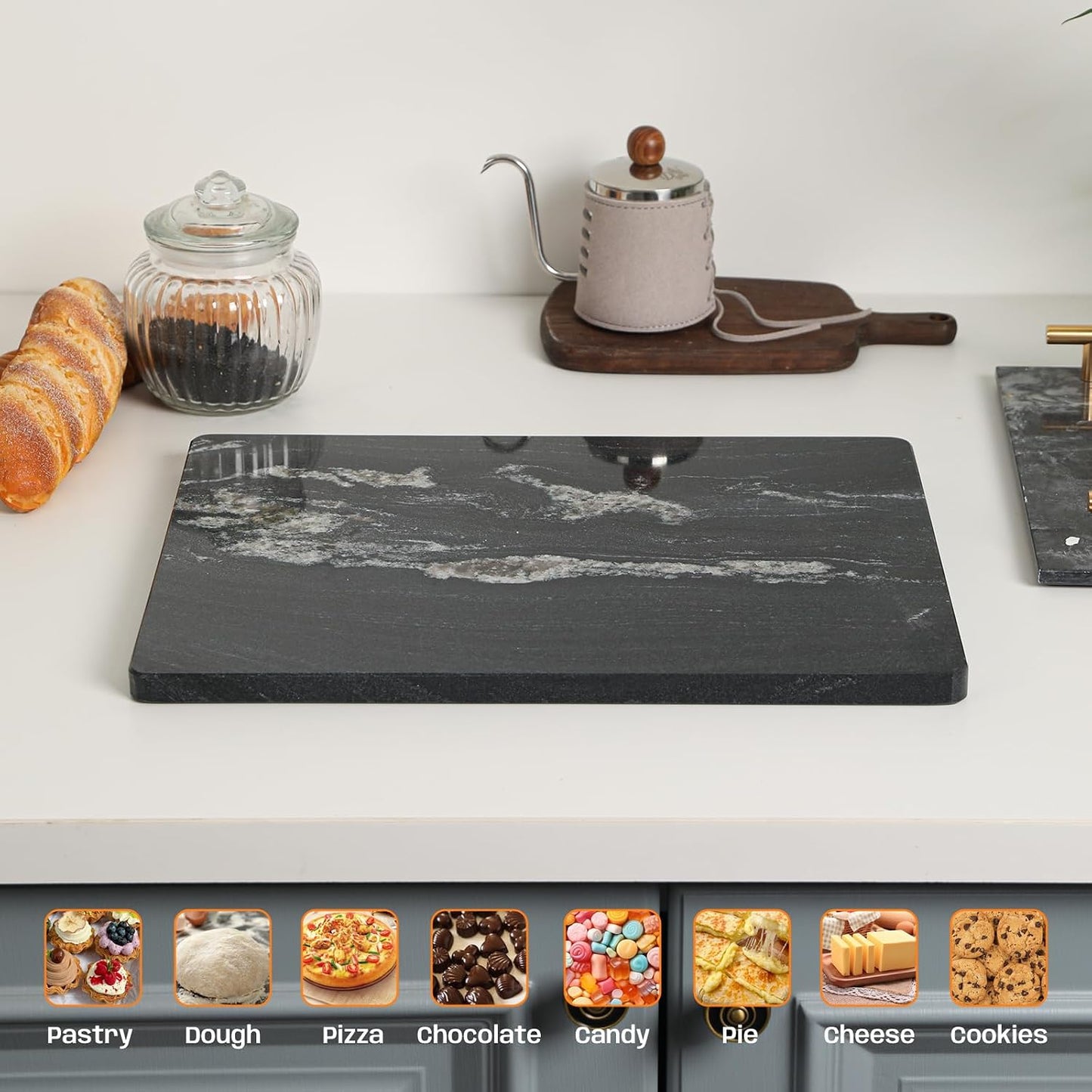 Black Marble Cutting Board, 12×16In Stone Cutting Boards for Kitchen | Marble Slab Pastry Board With Non-Slip Feet for Baking Cheese Charcuterie Dough - Wedding Gift, Easy Clean and Drain