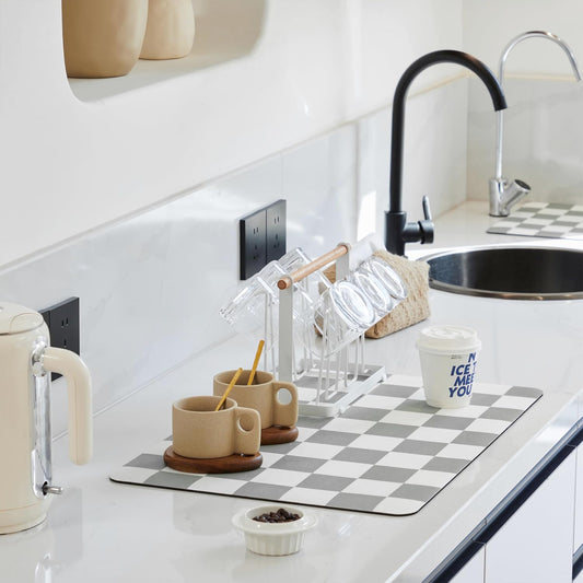 Checkered Dish Drying Mat for Kitchen Counter, Coffee Bar Station Accessories, Retro Cute Aesthetic Absorbent Coffee Mat