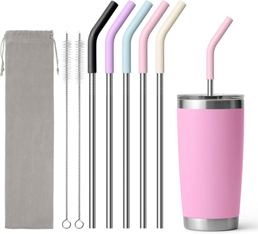Metal Straws Reusable for 20 oz YETI Tumbler,5 Pcs Stainless Steel Straws Straight with Silicone Tip Drinking Straws for 20