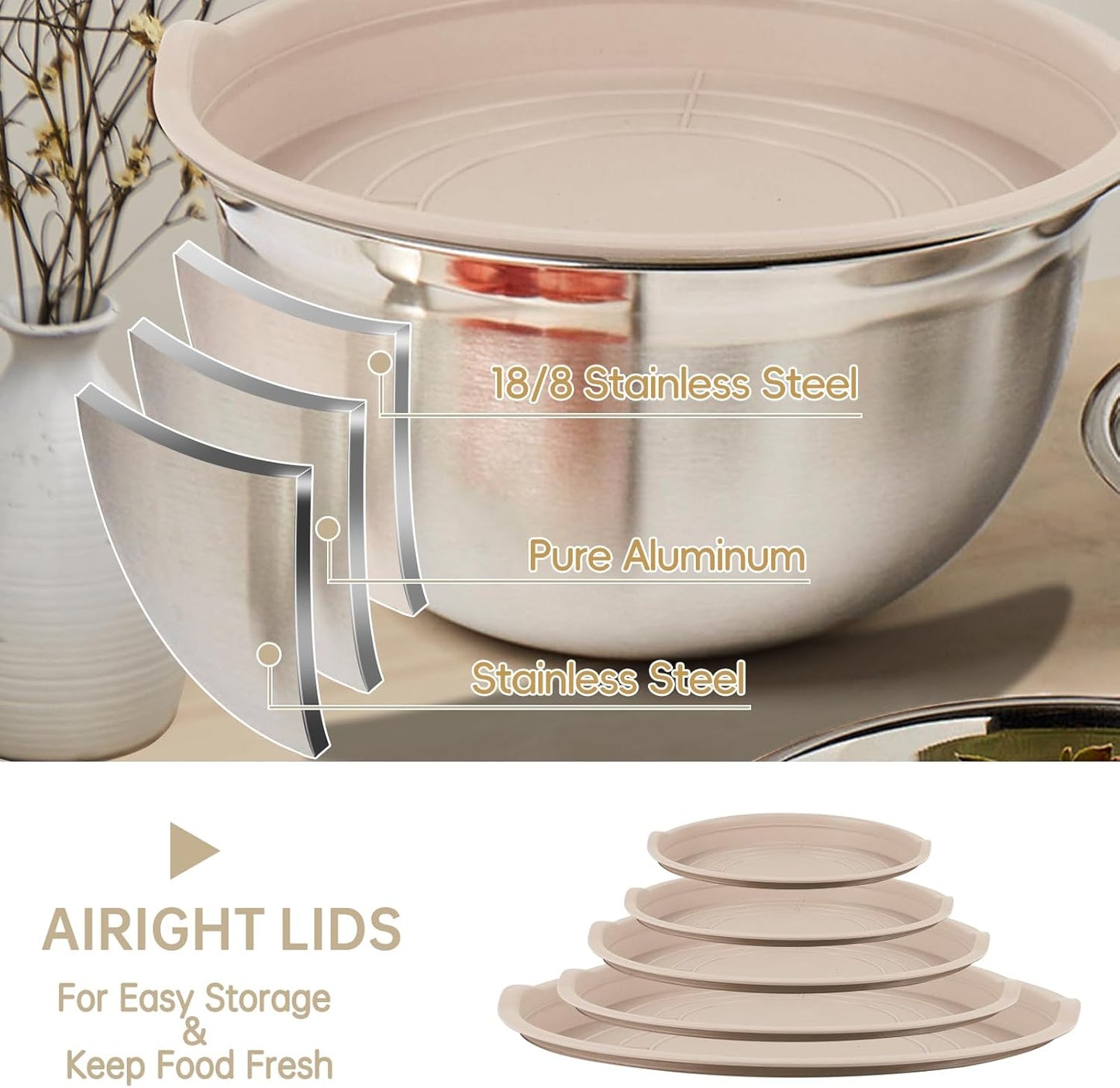 Mixing Bowls Set, 27PCS Khaki Mixing Bowls With Lids Set Stainless Steel Kitchen Large Nesting Metal Bowl 7QT to 1.5QT,