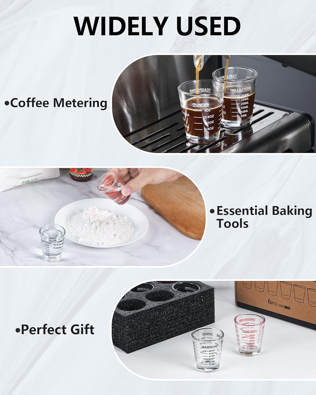 Shot Glasses Measuring Cup Set 6 Pack Espresso Shot Glasses Liquid Heavy Glass 26-Incremental Measurement 1 OZ, 2 TBS, 6 TSP, 30 ML Kitchen Tools(White)