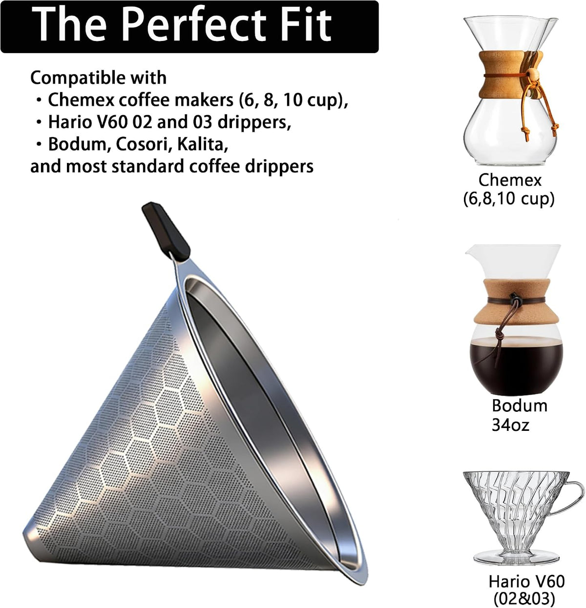 Pour Over Coffee Filter for Chemex 6/8/10 Cups &amp; Hario V60 02 03