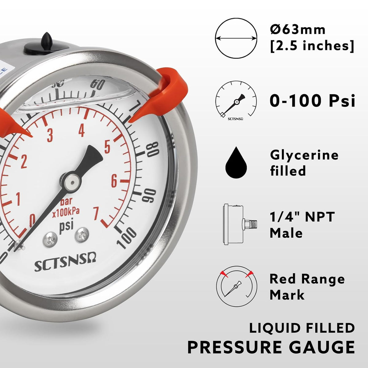 0 to 100 Psi Pressure Gauge, Liquid Filled, 1/4" NPT Back Mount