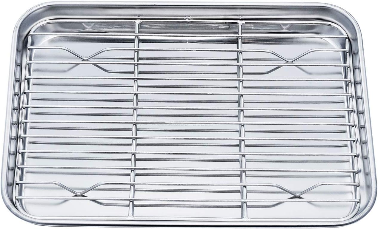 TeamFar Toaster Oven Pan with Cooling Rack, 10.4"x 8"x1" Toaster Oven Tray | Stainless Steel Toaster Oven Pan with Baking Wire Rack for Cooking, Healthy &amp; Non Toxic, Mirror Finish &amp; Dishwasher Safe