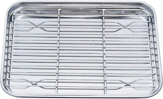 TeamFar Toaster Oven Pan with Cooling Rack, 10.4"x 8"x1" Toaster Oven Tray | Stainless Steel Toaster Oven Pan with Baking Wire Rack for Cooking, Healthy &amp; Non Toxic, Mirror Finish &amp; Dishwasher Safe