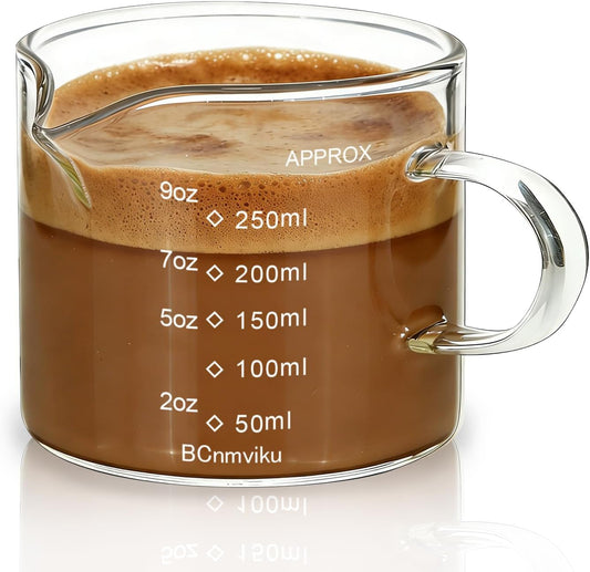 BCnmviku Espresso Cup Measuring Cup Triple Pitcher Milk Cup 250ML/8.5OZ Espresso Cups with Handle Shot Glass with V-Shaped Mouth Clear Accessories Milk Frothing Pitcher (1)