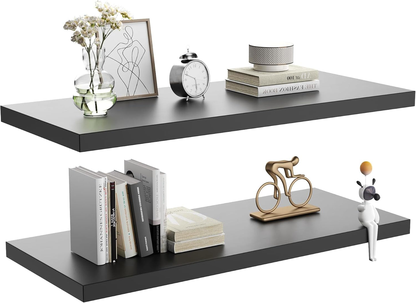 Wall Shelf Set of 2, Black Floating Shelves 30 in W x 10 in D x 1 in H, Wooden Floating Wall Shelf w