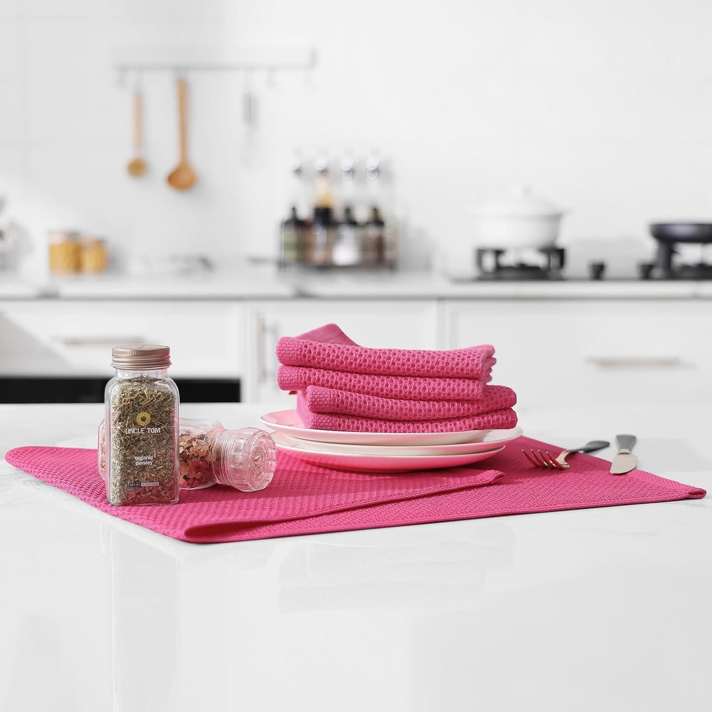 Kitinjoy 100% Cotton Waffle 4-Pack Kitchen Towels, 13" x 28", Hot Pink | Super Soft, Ultra-Absorbent, Fast Drying, lightweight, Quick Drying Kitchen Hand Towels