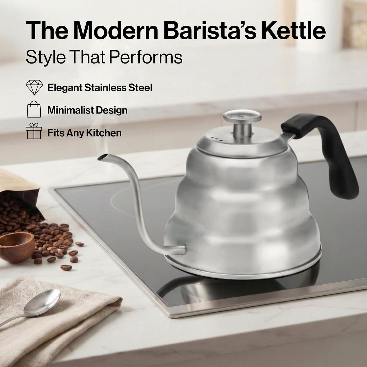 Barista Warrior Gooseneck Kettle with Thermometer - 1L Pour Over Coffee &amp; Tea Kettle, 18/8 Stainless Steel Gooseneck Kettle Pot, Precision Pour Drip Spout, Suitable for All-Stoves (34 fl oz)