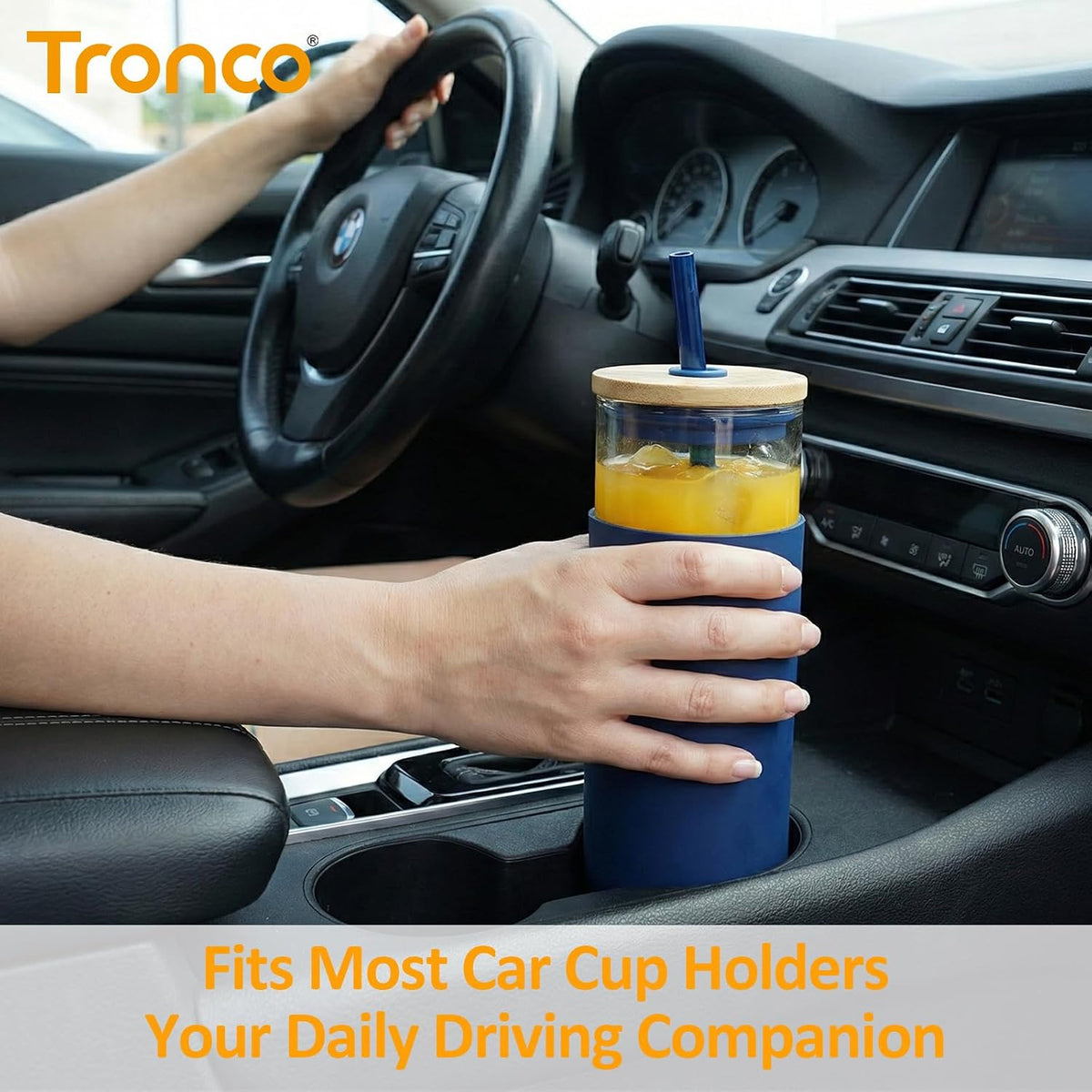 Tronco 16 oz Glass Tumbler with Lids and Straws, Reusable Iced Coffee Cups | Borosilicate Glass Cups with Bamboo Lid, Silicone Sleeve, Smoothie Cup, Dishwasher Safe, Car Cup Holder, Iced Coffee Tumbler