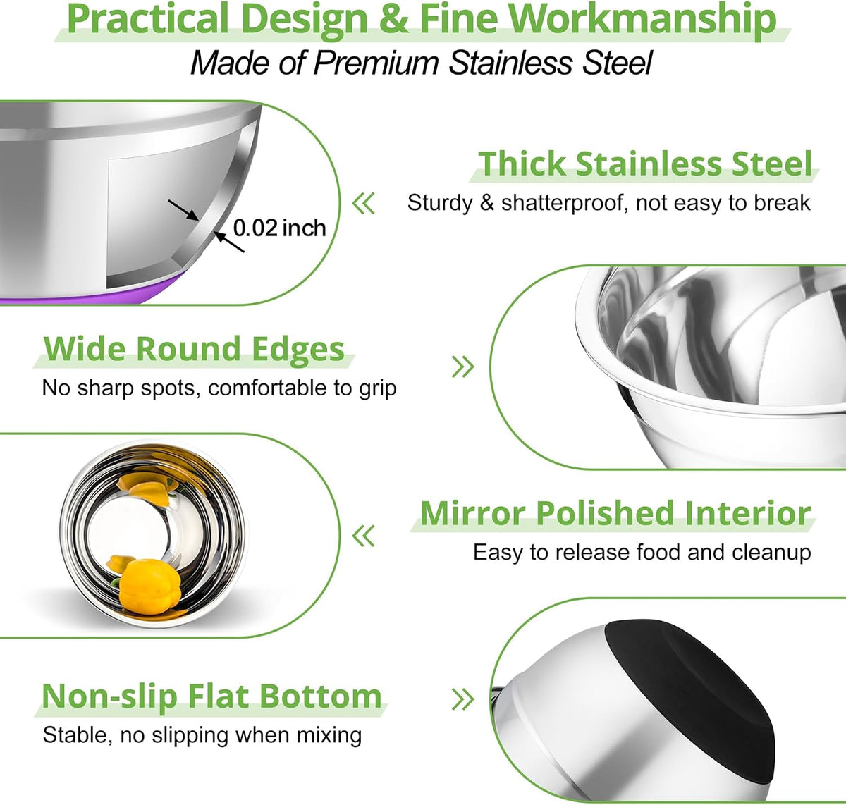 TeamFar Mixing Bowls, Salad Bowls with Transparent Airtight Lids, Colorful | 5PCS Stainless Steel Serving Bowls For Kitchen Mixing/Baking/Storing/Prepping, Non-Slip Bottom - 4.6/3.5/1.5/1 / 0.7 QT